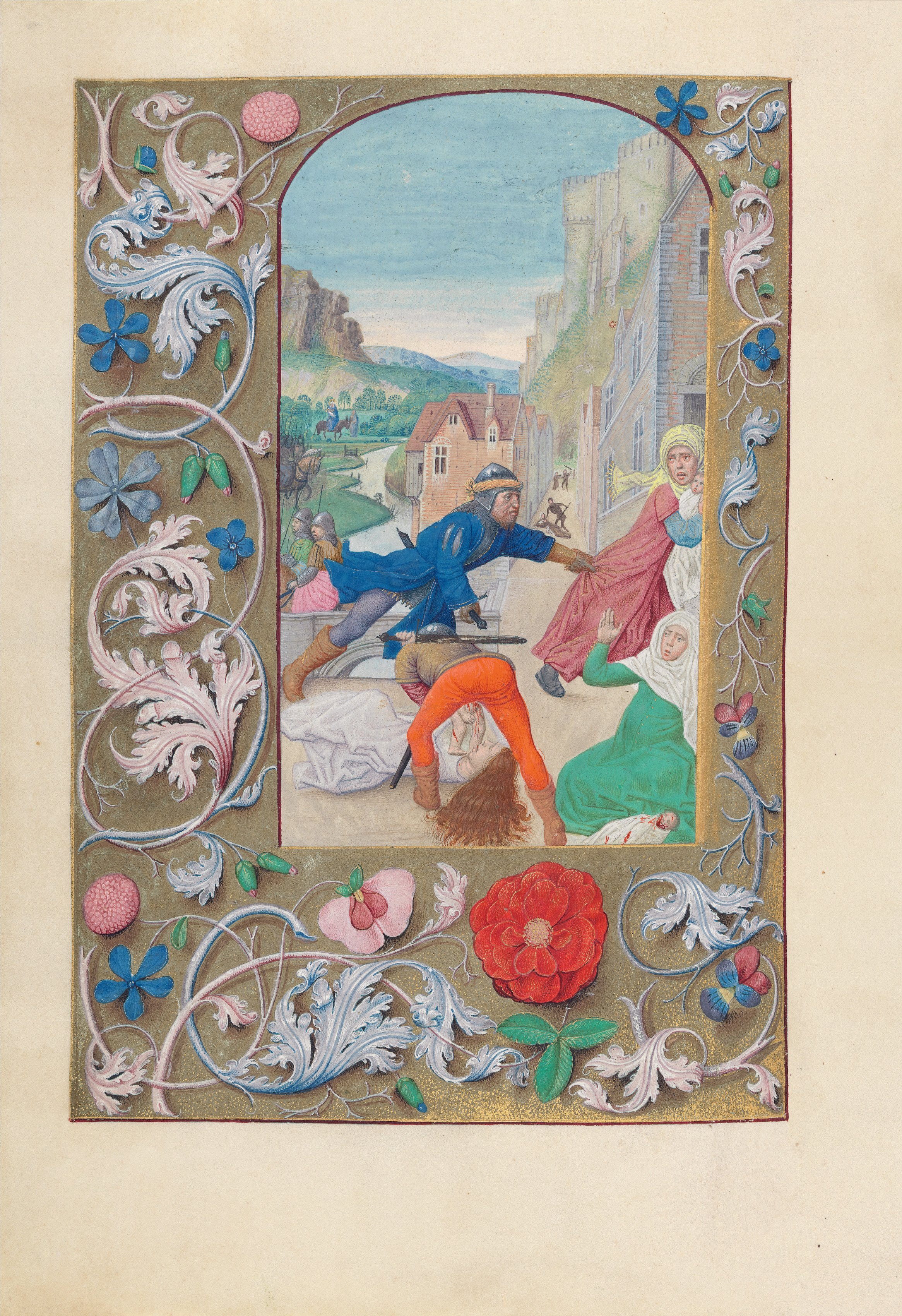 Hours of Queen Isabella the Catholic, Queen of Spain: Fol. 146v, Massacre of the Innocents and Flight into Egypt, Master of the First Prayerbook of Maximillian (Flemish, c. 1444–1519); Associates