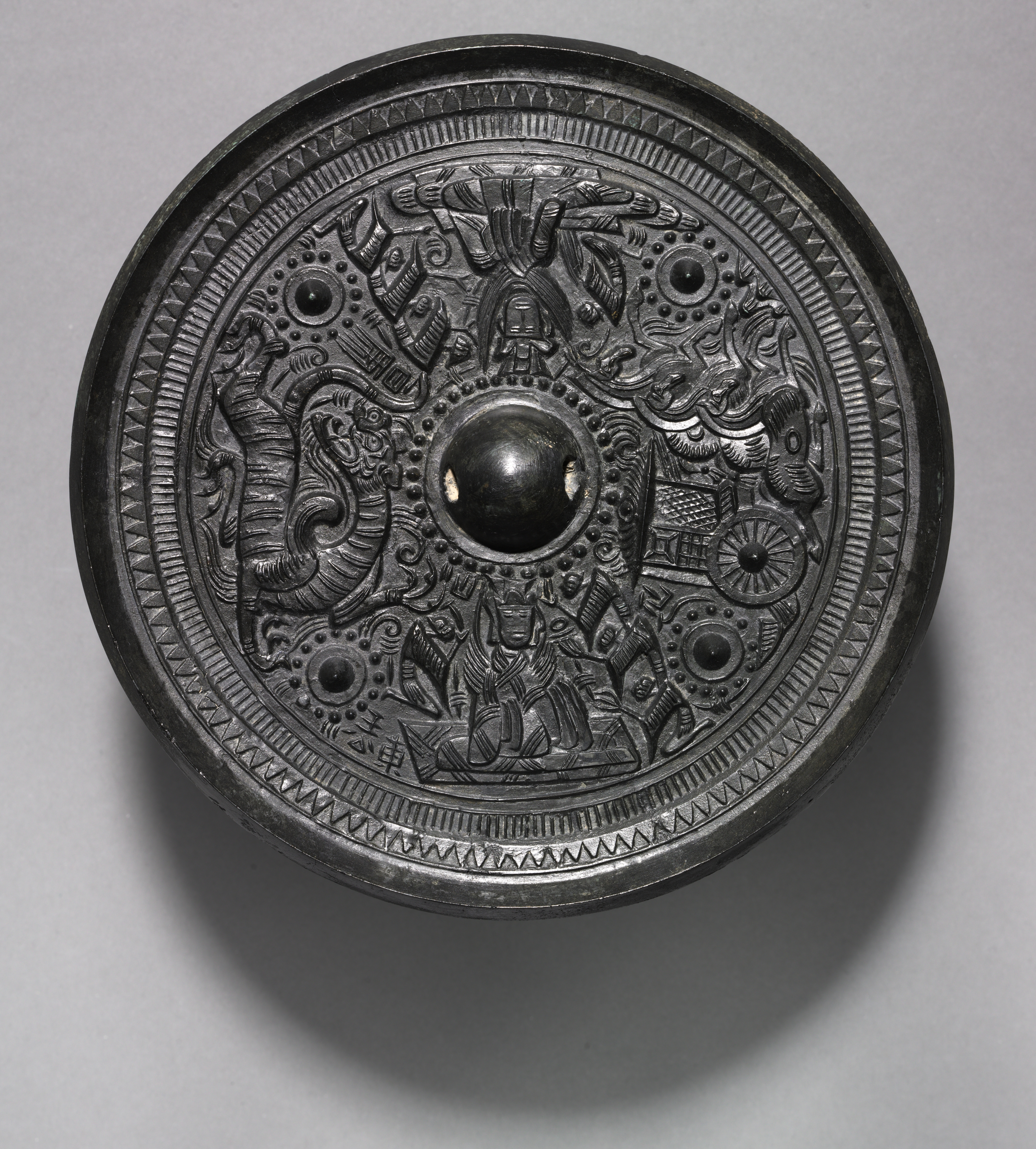 Mirror with Deities, Chariot, and the White Tiger, Unknown
