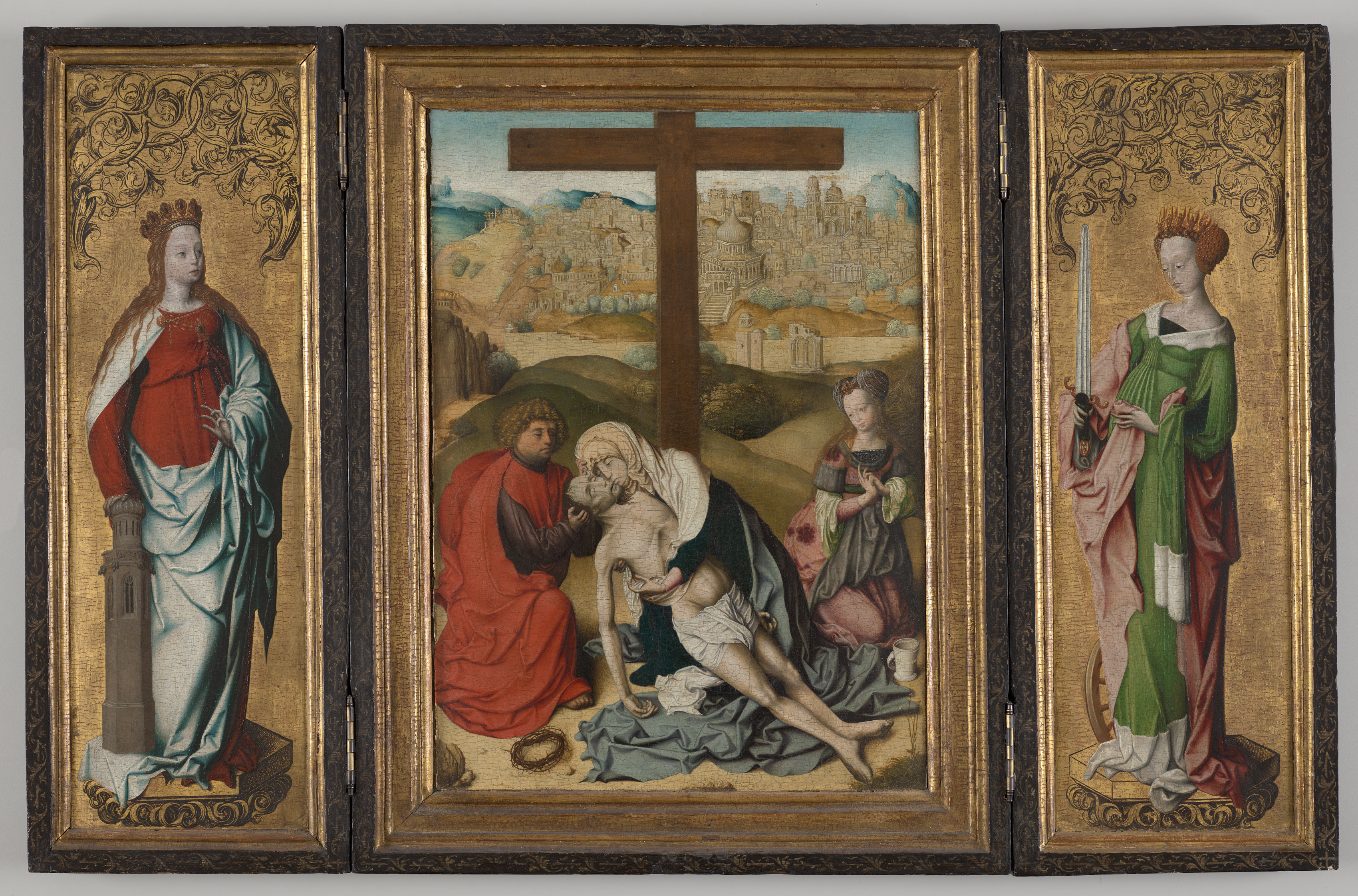 Triptych with The Lamentation of Christ (center), St. Barbara (left wing), St. Catherine of Alexandria (right wing), The Annunciation (reverse wings), Master of the Krainburg Altar (Austrian, active c. 1485–1510)