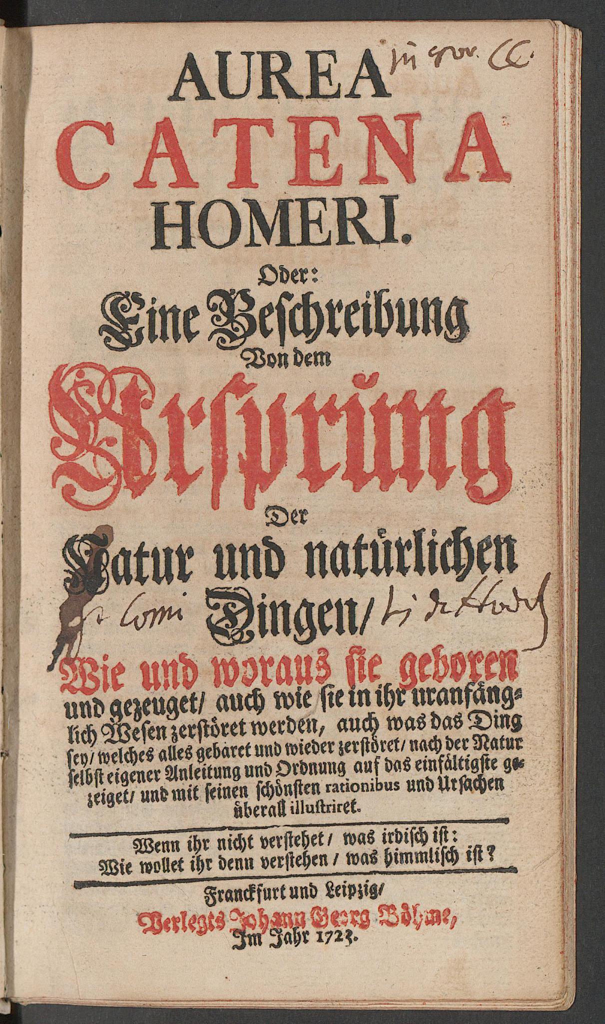 Aurea catena Homeri oder eine Beschreibung von dem Ursprung der Natur und natürlichen Dingen ..., Kirchweger, Anton Joseph