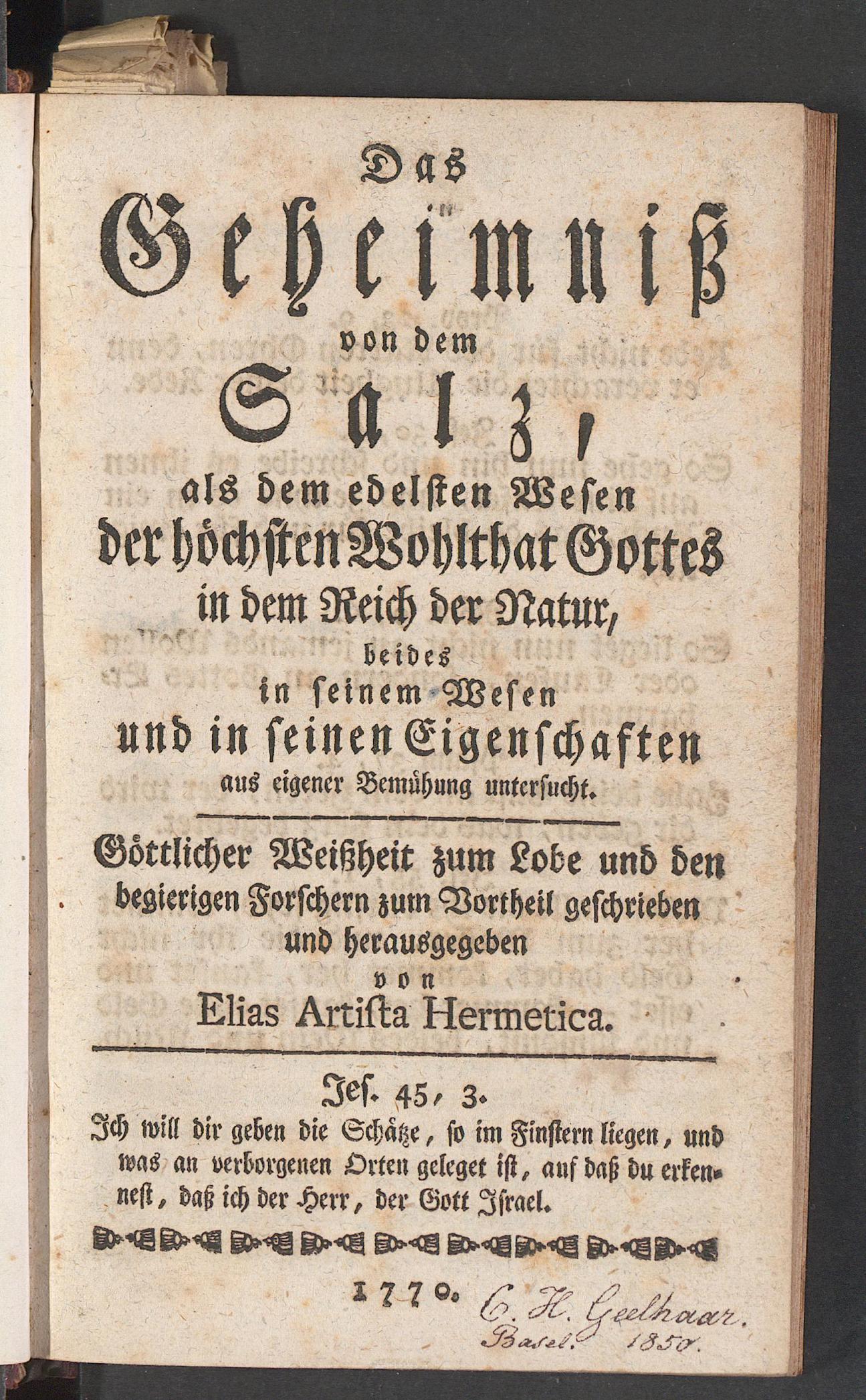 Das  Geheimniss von dem Salz, als dem edelsten Wesen der höchsten Wohlthat Gottes in dem Reich der Natur ..., Oetinger, Friedrich Christoph
