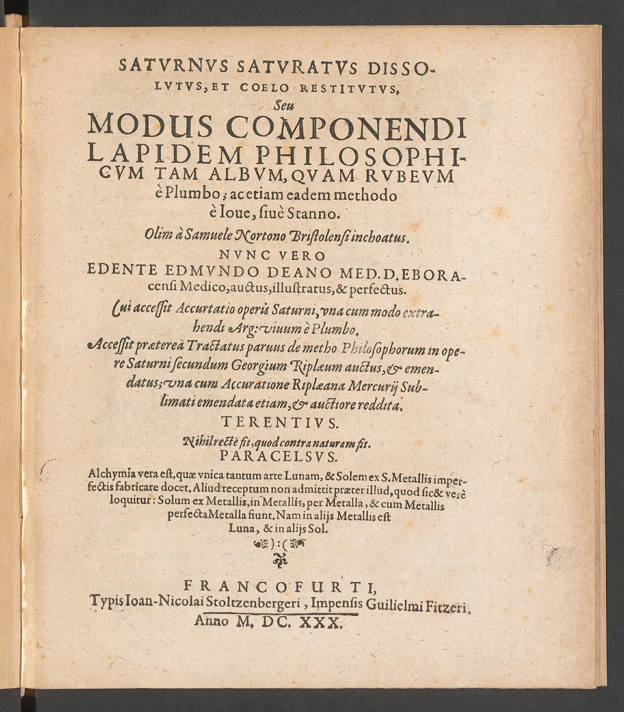 Saturnus saturatus dissolutus, et coelo restitutus, seu modus componendi lapidem philosophicum tam album, quam rubeum e plumbo; ac etiam eadem methodo e Iove, sive Stanno ..., Nortonus, Samuel