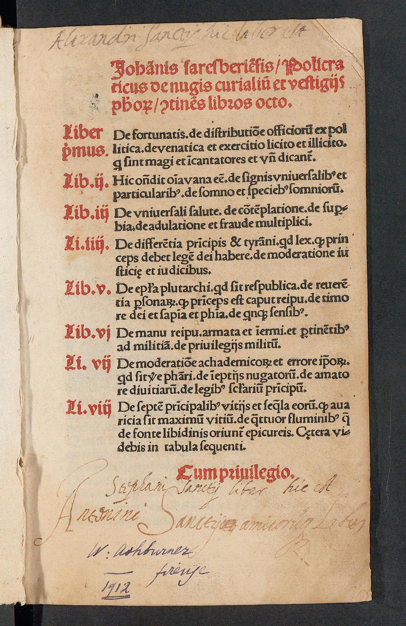 Iohannis Saresberiensis policraticus de nugis curialium et vestigiis philosophorum continens libros octo, Johannes