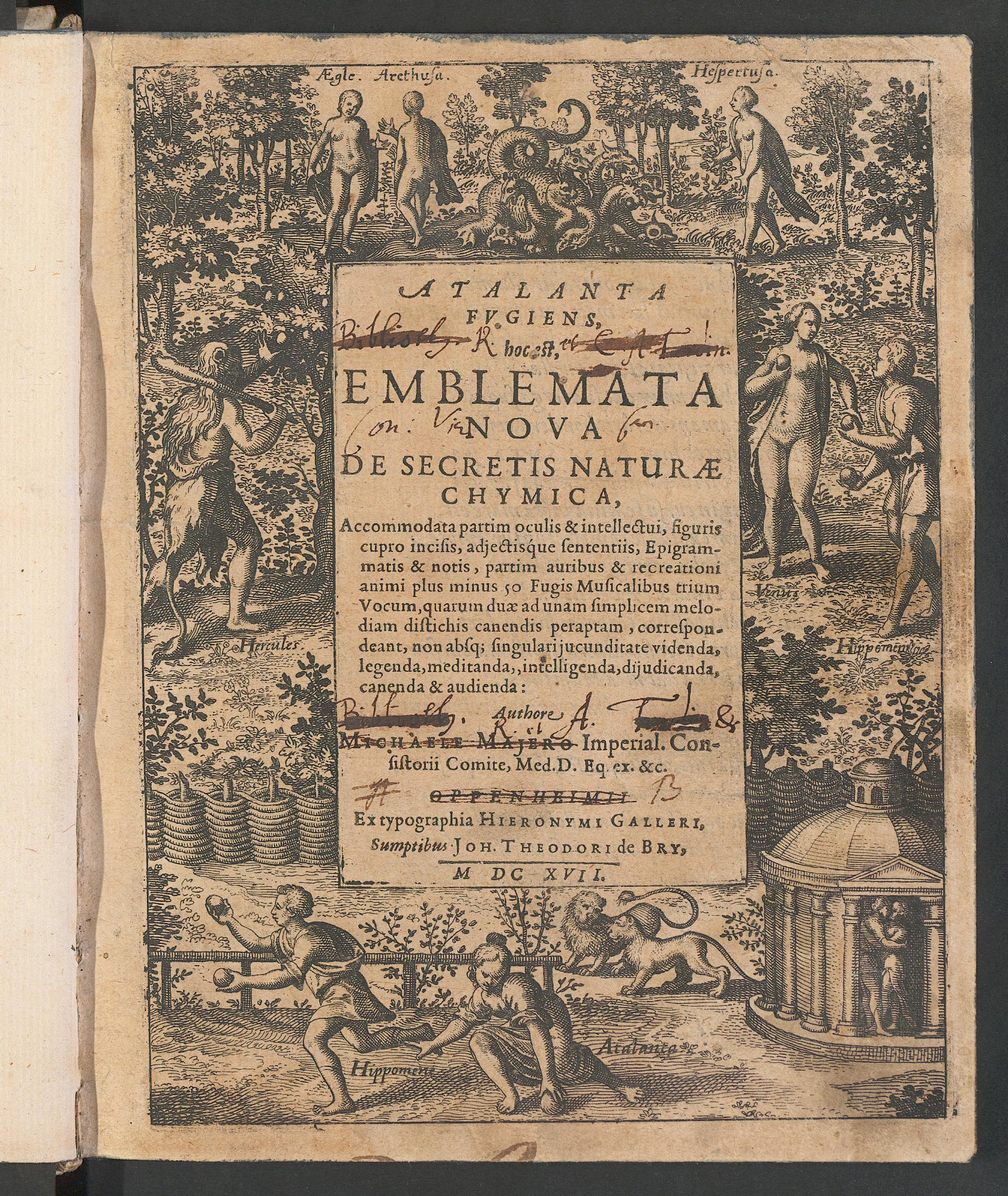 Atalanta fugiens, hoc est, emblemata nova de secretis naturae chymica, accommodata partim oculis & intellectui, figuris cupro incisis, adiectisque sententiis, epigrammatis & notis, partim auribus & recreationi animi plus minus 50 fugis musicalibus trium vocum, quarum duae ad unam simplicem melodiam distichis canendis peraptam, correspondeant, non absque singulari iucunditate videnda, legenda, meditanda, intelligenda, diiudicanda, canenda & audienda, Maier, Michael