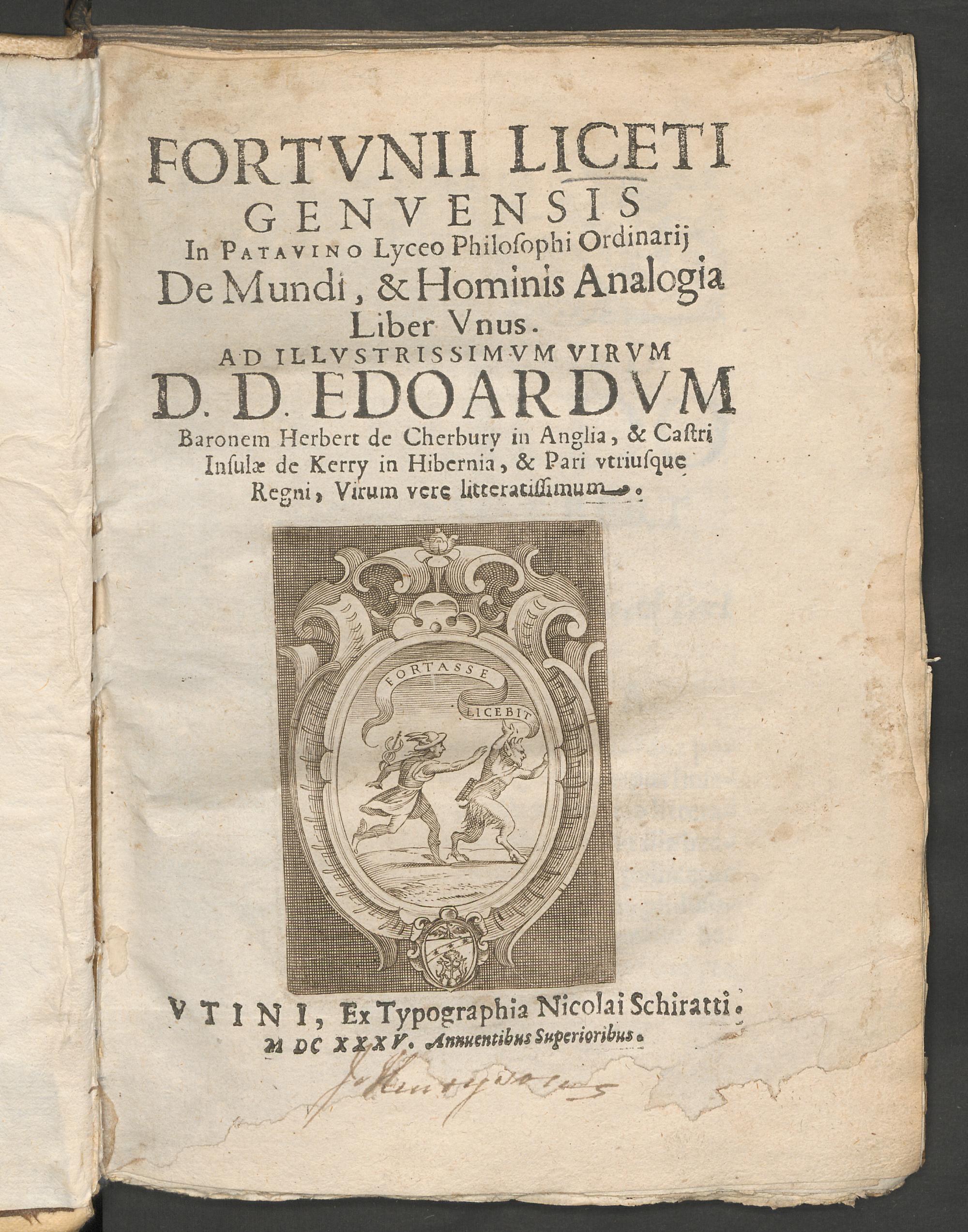 Fortunii Liceti Genuensis... De mundi & hominis analogia, Liceti, Fortunio