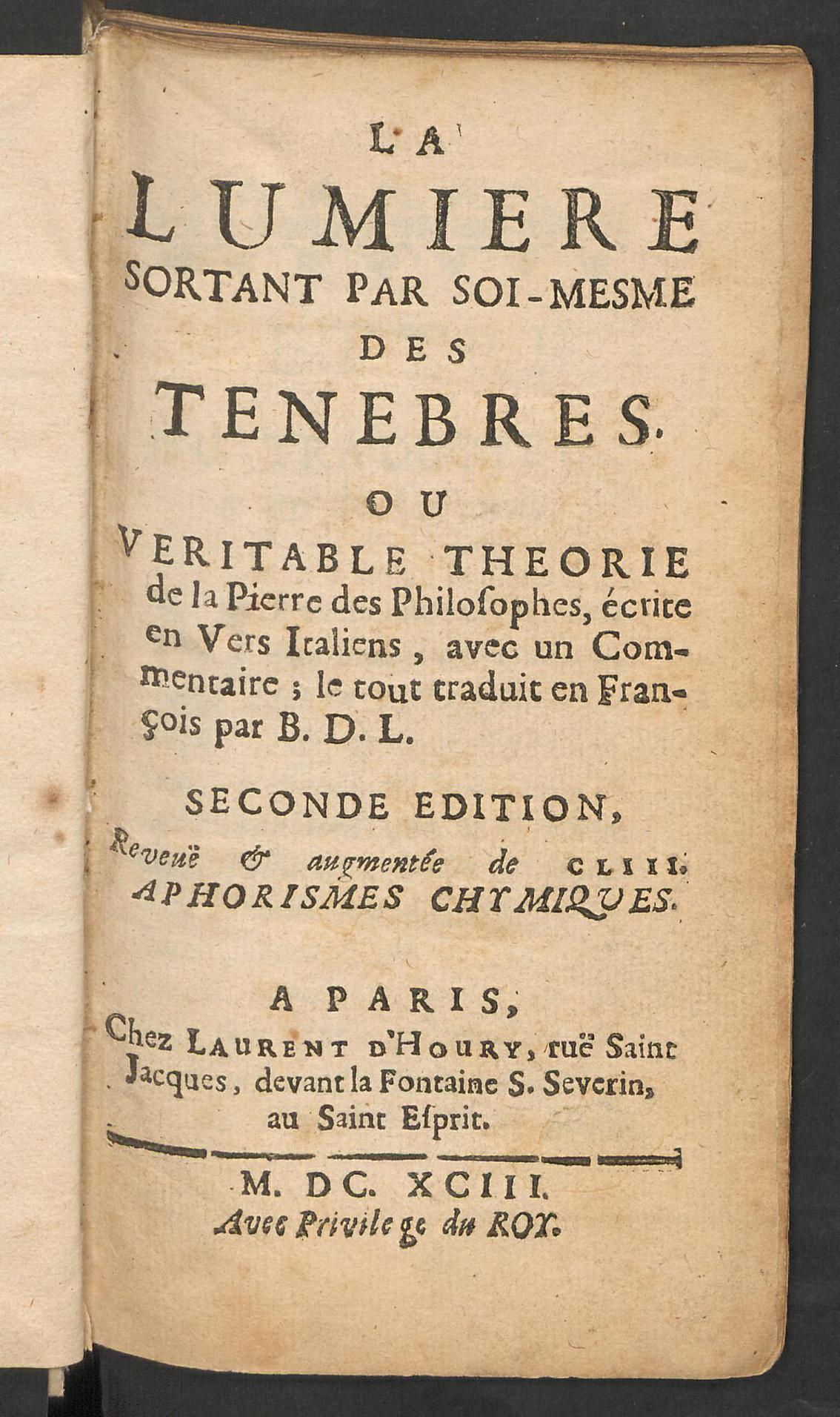 La  lumière sortant par soi-mesme des ténèbres ou veritable théorie de la pierre des philosophes, écrite en vers italiens, avec un commentaire ..., Tachenius, Otto