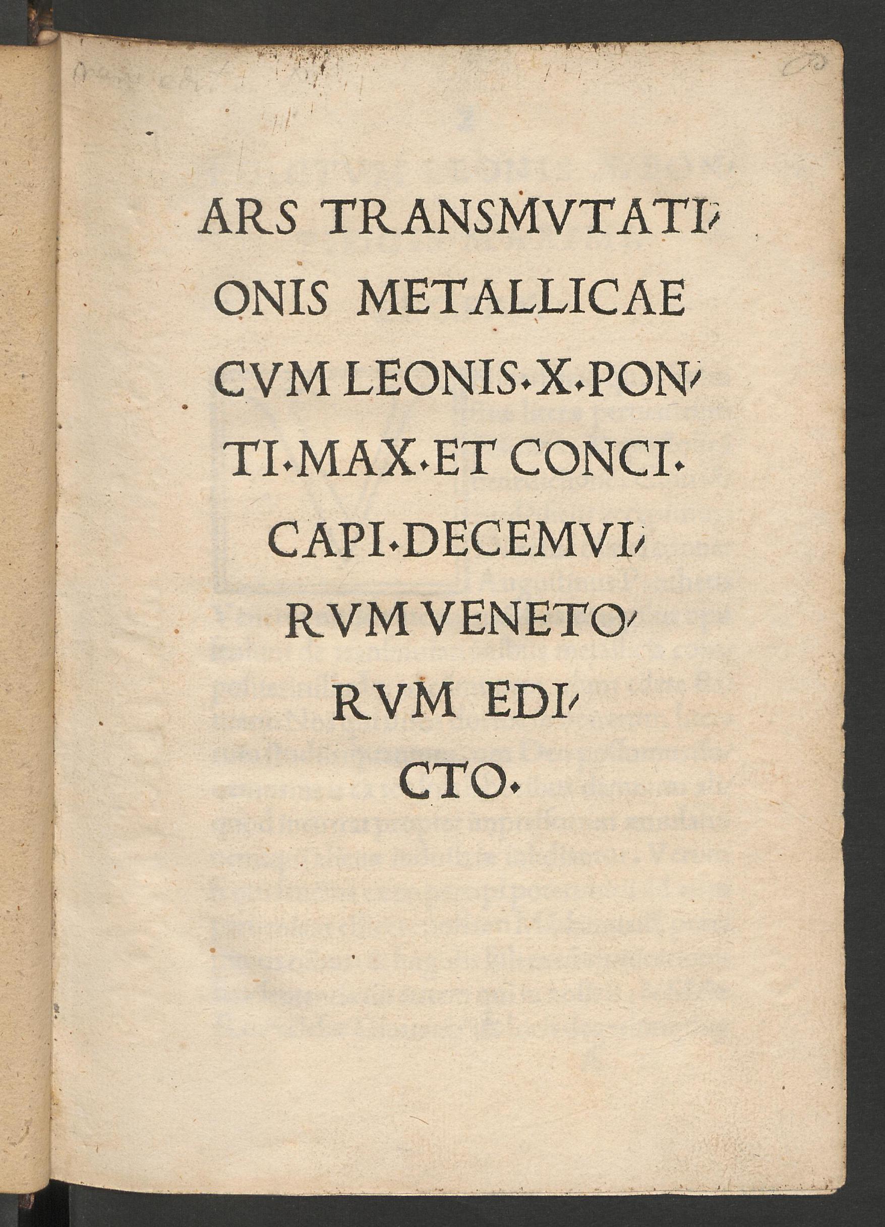 Ars transmutationis metallicae cum Leonis X. pontificis maximi ... decemvirorum Venetorum edicto, Panteo, Giovanni Agostino