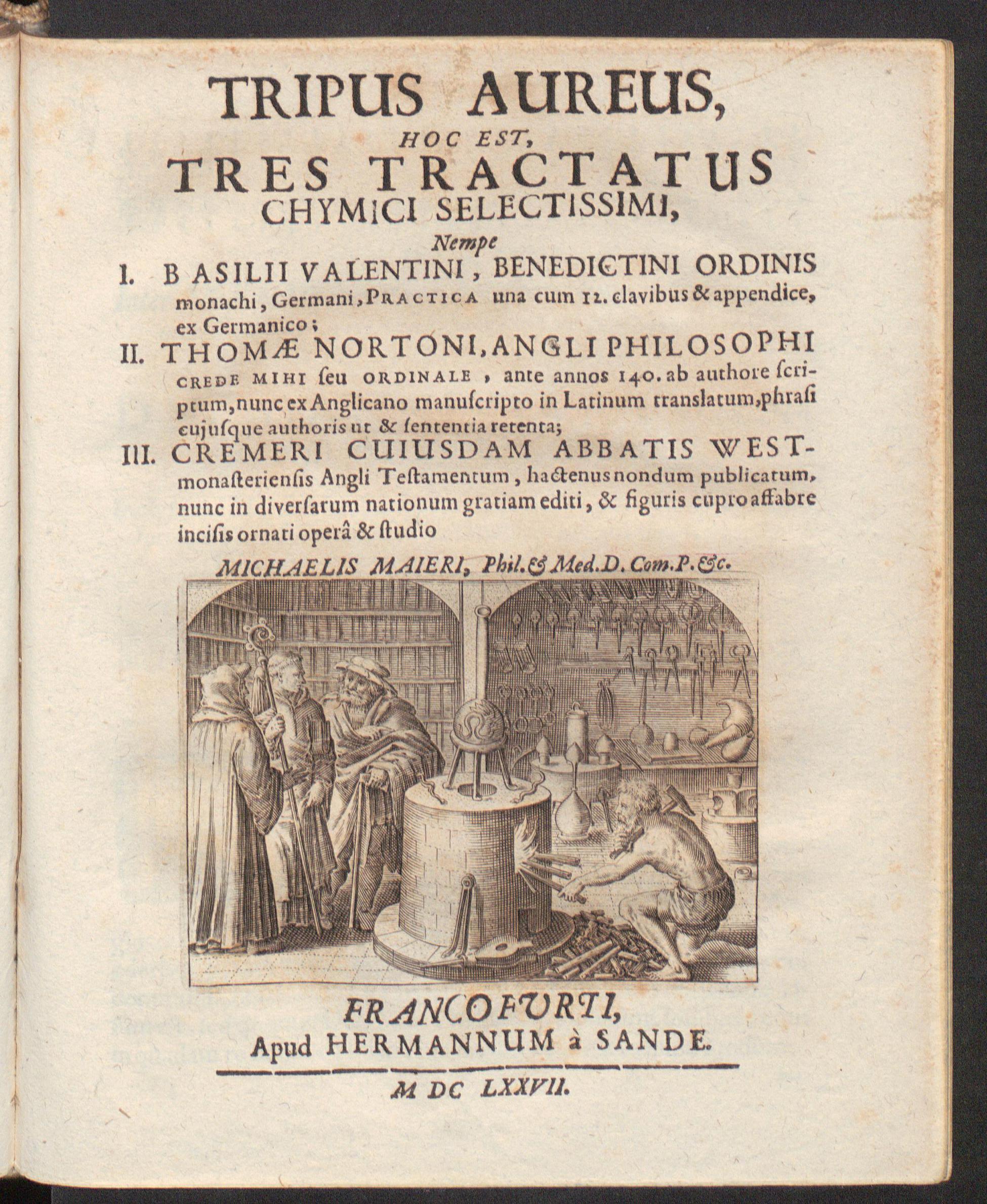 Musaeum hermeticum reformatum et amplificatum, omnes sopho-spagyricae artis discipulos fidelissime erudiens, quo pacto summa illa veraque lapidis philosophici medicina, qua res omnes qualemcunque defectum patientes, instaurantur, inveniri & haberi queat : continens tractatus chimicos XXI. Praestantissimos, quorum nomina & seriem versa pagella indicabit; in gratiam filiorum doctrinae, quibus Germanicum idioma ignotum est, Latina lingua ornatum / Tripus aureus, hoc est, tres tractatus chymici selectissimi ... : 1. Practica cum duodecim clavibus et appendice. De magno lapide antiquorum sapientum, Maier, Michael