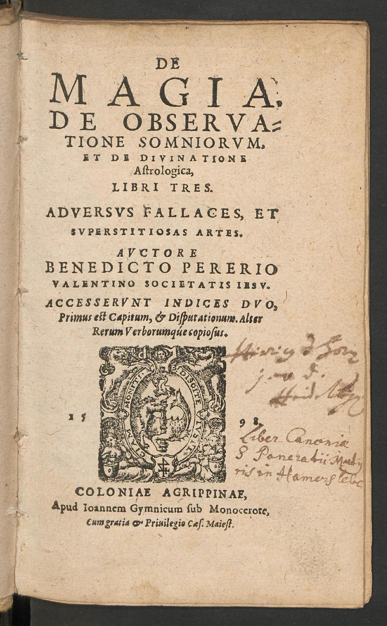 De magia. De observatione somniorum, et de divinatione astrologica, libri tres ..., Perera, Benet