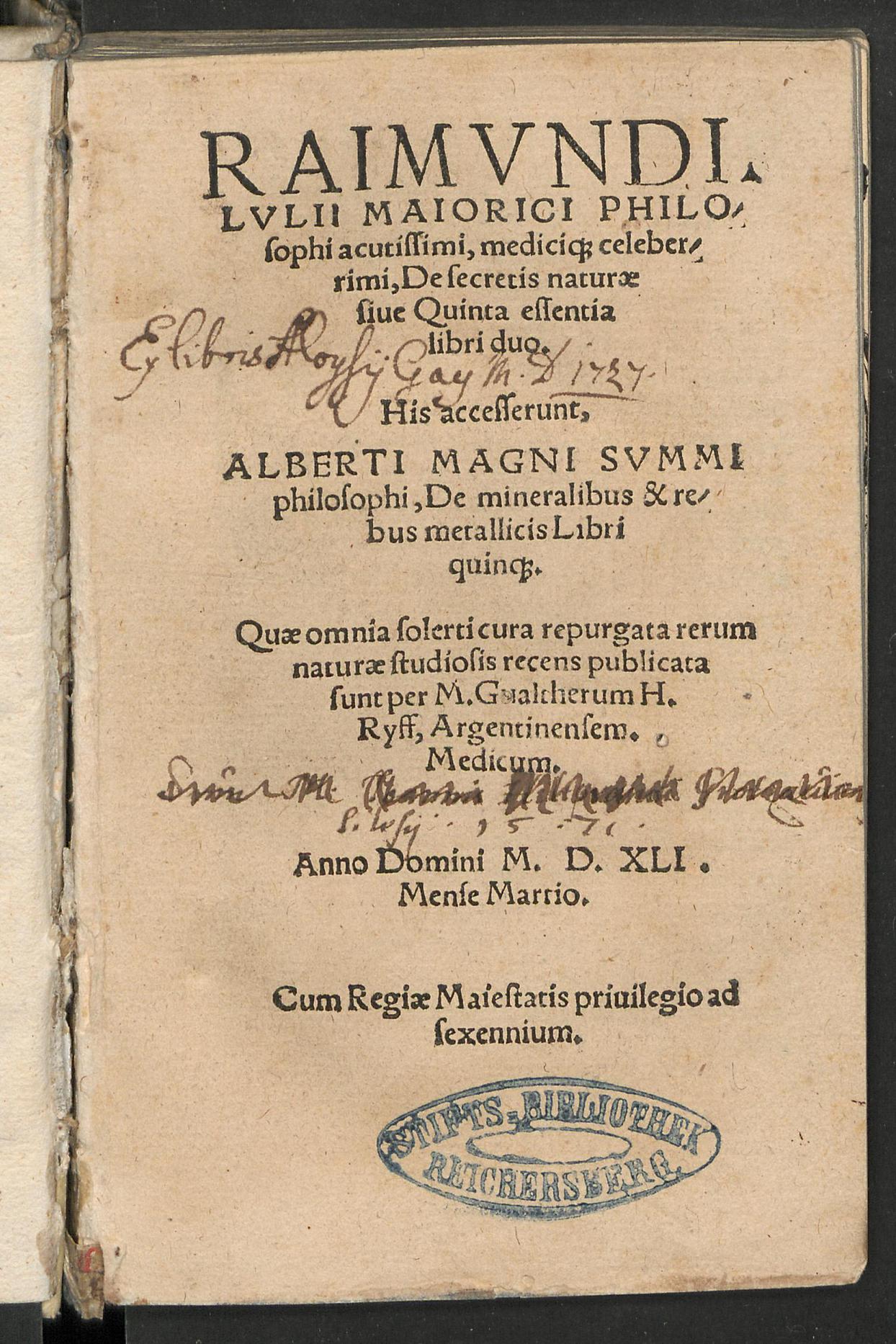 Raimundi Lulli ... de secretis naturae sive quinta essentia libri duo : his accesserunt Alberti Magni ... de mineralibus & rebus metallicis libri quinque, Lullus, Raimundus