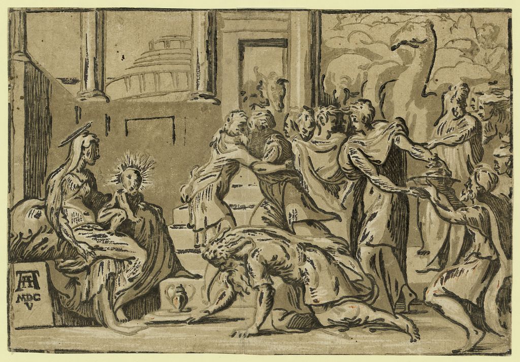 The adoration of the Magi / AA [monogram of Andrea Andreani] MDCV., Vicentino, Giuseppe Niccolo, approximately 1510-, artist; Parmigianino, 1503-1540.; Andreani, Andrea, approximately 1560-1623.