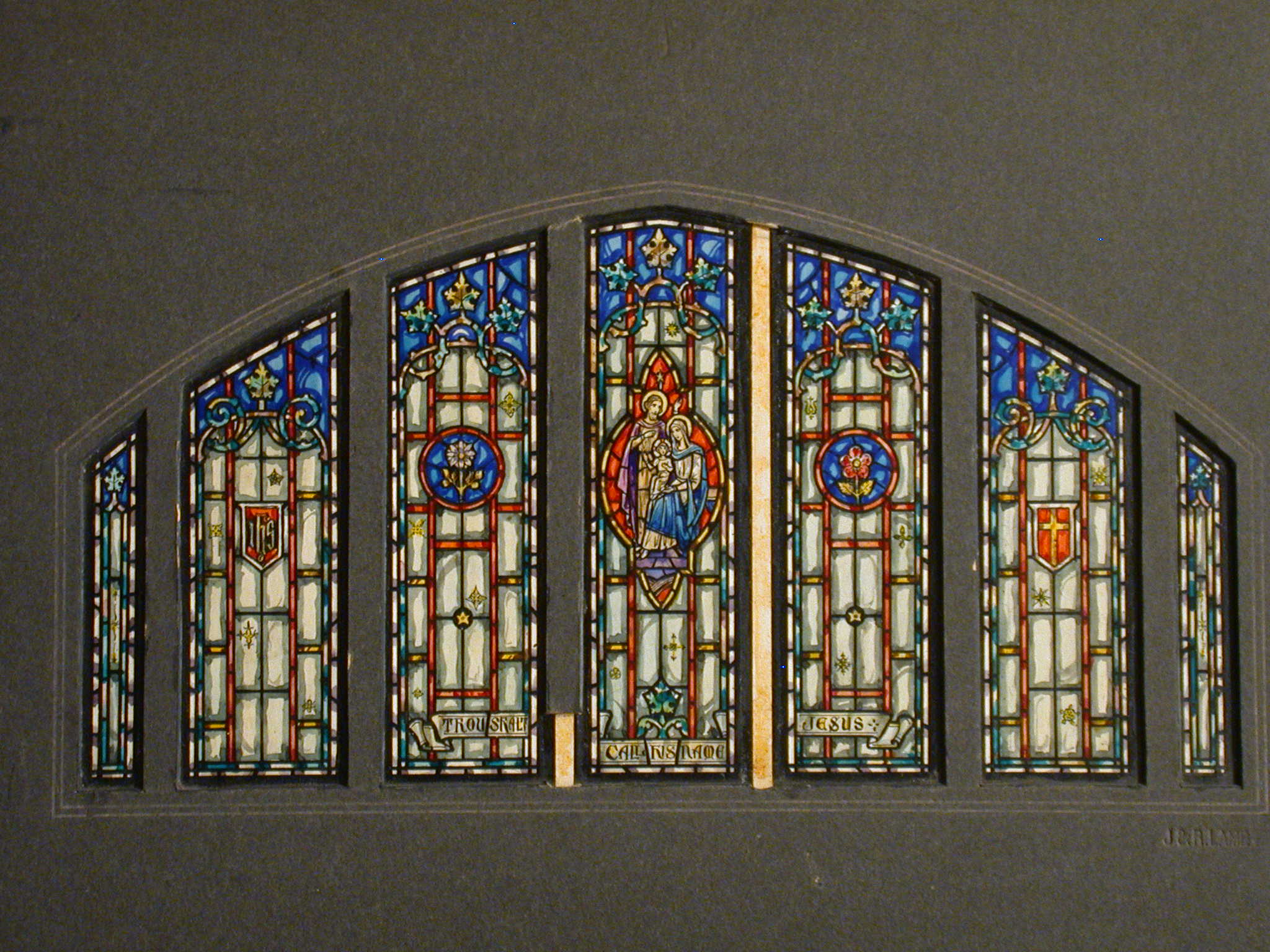 [Design drawing for stained glass window with text "Thou Shalt Call His Name Jesus"], J. & R. Lamb Studios, designer