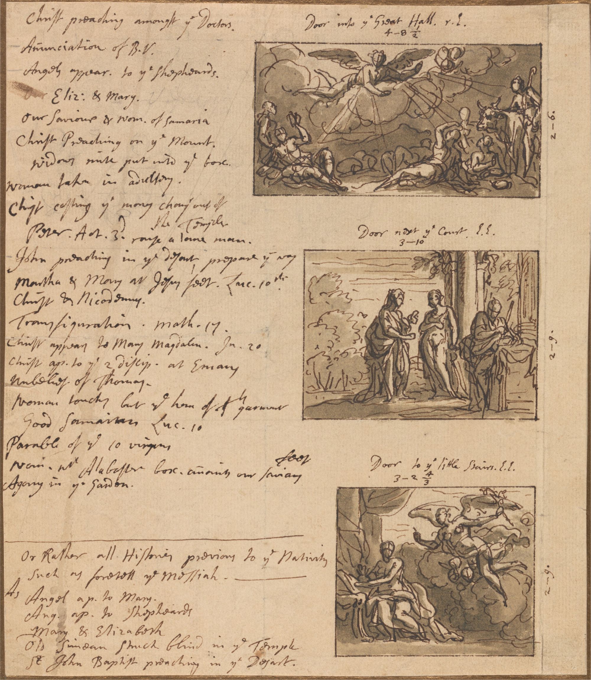 The Angel appearing to the shepherds, the visitation, and the annunciation: a sheet of notes for a proposed decorative scheme with 3 sketches of paintings for overdoors, Sir James Thornhill